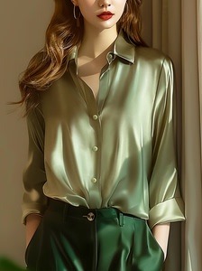 丝光绿宽松衬衫女2024春季新款缎面长袖百搭显白清新垂感职业衬衣