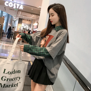 2019春季新款韩版宽松格子衬衫女韩范复古衬衣长袖学生假两件