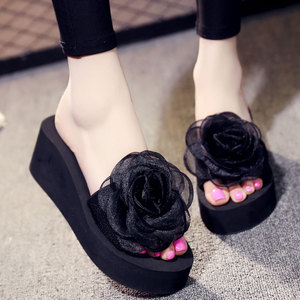 手工花朵6厘米厚底防滑拖鞋女外穿一字拖鞋夏季新款韩版时尚3网红