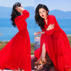 红色连衣裙夏季大码胖mm显瘦结婚红裙三亚海边度假沙滩裙大摆长裙