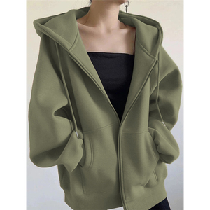 豆绿色开衫拉链卫衣女秋冬女士加绒加厚休闲运动套装长袖上衣外套
