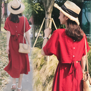 夏季新款红色中长款海边度假长裙子收腰显瘦超仙女气质高级连衣裙