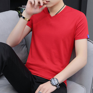 男士短袖T恤韩版修身青年红色本命年个性半袖体恤潮流男装上衣服