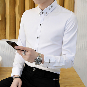 白衬衫男长袖修身加绒加厚黑色衬衣韩版潮流休闲帅气保暖男士寸衫