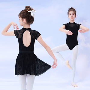 舞蹈服儿童女夏季短袖蕾丝裙黑色幼儿体操连体服跳舞芭蕾舞练功服