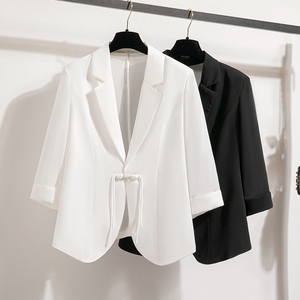 白色雪纺小西装外套女夏季2024新款设计感气质盘扣七分袖西服上衣