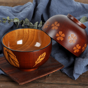 酸枣木复古实木碗 宝宝儿童碗日式雕刻樱花树叶碗 家用夫妻情侣碗