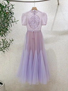 紫色小香风刺绣连衣裙女夏季高级感轻奢气质优雅收腰显瘦网纱裙子