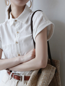 高级感白色棉麻短袖衬衫女夏季设计感小个子亚麻衬衣职业别致上衣