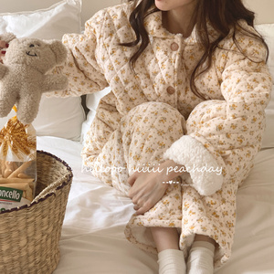 三层夹棉睡衣女韩系可爱开衫珊瑚绒甜美碎花加厚保暖羊羔绒家居服