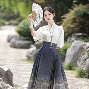 新中式国风改良原创汉服女成人蓝色马面裙短袖衬衫日常通勤套装秋