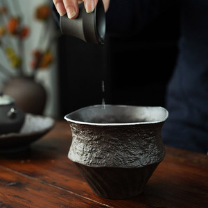 中式老岩泥粗陶建水粗陶手作描银茶渣缸复古功夫茶具陶瓷杯洗茶洗