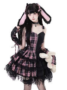 DamnGirl原创日常暗黑粉格拼接洋装甜酷辣妹蛋糕蕾丝连衣裙Lolita