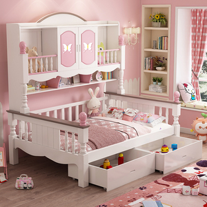 儿童床衣柜床一体小户型男女孩储物书架多功能组合实木书柜公主床