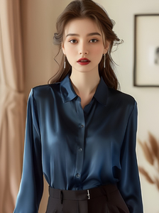 宝蓝色丝绸衬衫女春季2024新款高级感职业显瘦设计感醋酸衬衣上衣
