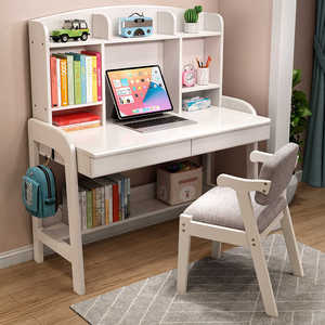 全实木简易书桌家用学生卧室写字桌可升降儿童学习桌带书架电脑桌