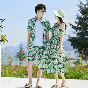 情侣装夏装海边沙滩渡假海岛风女波西米亚连衣裙子男衬衫花衣套装
