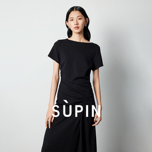 速品SUPIN秋季新款优雅气质长裙斜摆抽褶圆领套头短袖连衣裙