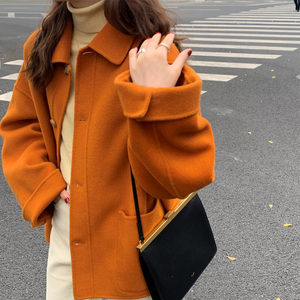 小个子时尚韩版宽松橘色羊绒呢子大衣短款修身加厚毛呢外套女秋冬