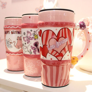 仟度彩绘陶瓷杯 创意水杯情侣对杯子带盖粉色咖啡杯 大容量马克杯