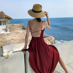 纯欲法式性感红色露背吊带连衣裙子女夏海边度假显瘦沙滩长裙超仙