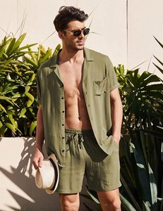 跨境新款男装亚麻短袖衬衫套装麻布夏季宽松休闲棉开衫衬衣短裤。