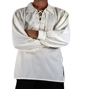 外贸爆款男式中世纪文艺复兴海盗束腰系带纯色翻领衬衫男士。