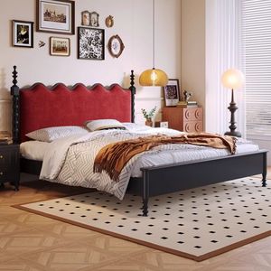 法式复古波浪床中古风实木床1.8米双人主卧美式床黑色软靠床