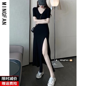 G2024年女装夏季新款收腰性感短袖穿搭小黑色中长款开叉连衣裙子