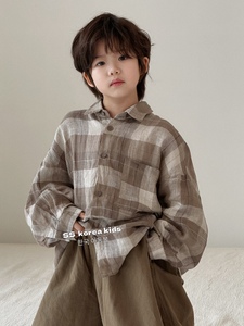 SS品牌韩国童装男童格子衬衫纯棉2024新款儿童衬衣洋气女童春装