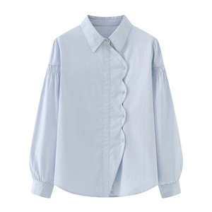 艾格ES法式蓝色纯棉立领衬衫女长袖2024春秋新款宽松复古百搭衬衣