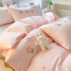 粉色可爱被套单件纯棉单双人 150x200x230全棉单独被罩床单四件套
