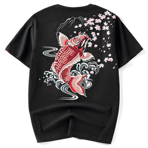 香港潮牌夏季中国风重工刺绣鲤鱼纯棉宽松民族风男装短袖T恤男女