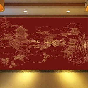 中式墙纸红色复古中国风装饰背景墙壁画立体线描楼阁建筑宫殿壁纸