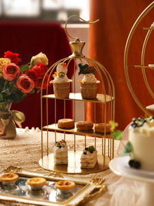 欧式金色婚礼甜品摆件下午茶点心架鸟笼金属收纳展示架蛋糕托盘