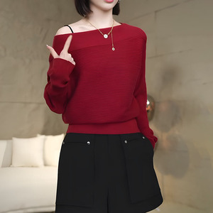 韩版风毛衣女2024春秋季新款套头大码蝙蝠衫宽松一字领纯色针织衫