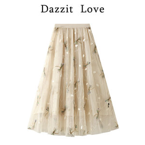 Dazzit 3D立体刺绣蜻蜓网纱裙女秋半身裙高级设计感松紧腰长裙子