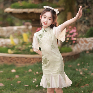 女童绿色旗袍夏季中国风儿童新中式鱼尾连衣裙高端女大童走秀礼服