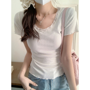 白色蕾丝花边纯欲风短袖T恤女夏季韩版洋气时髦修身短款半袖上衣