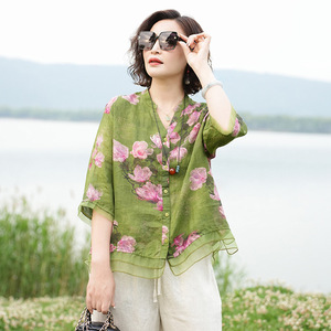 妈妈装刺绣苎麻中国风绿色上衣2024夏季新款高端棉麻半袖中式衬衫
