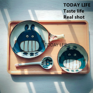 包邮 陶瓷儿童龙猫创意餐具碗盘套装可爱卡通碗手柄餐盘礼物