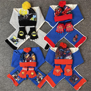 外贸儿童漫威蜘蛛钢铁蝙蝠侠卡通秋冬季男童帽子围巾手套加厚套装