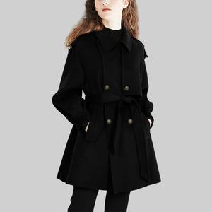 黑色双面呢羊毛大衣女2024年冬装新款赫本风加厚短款百搭毛呢外套