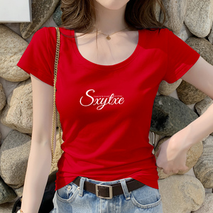 修身短袖t恤女夏季时尚小衫2024年新款红色上衣女士韩版漂亮体恤