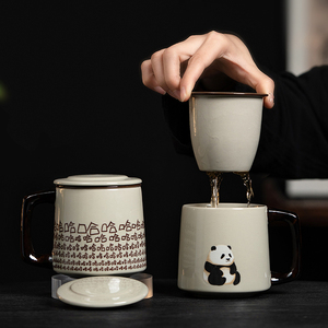 盛福堂熊猫马克杯带盖大容量水杯茶水分离陶瓷杯办公室喝水泡茶杯