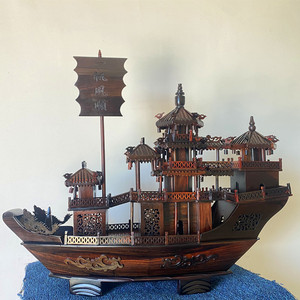 老挝大红酸枝一帆风顺帆船摆件红木战船木雕摆件船公司开业送礼品