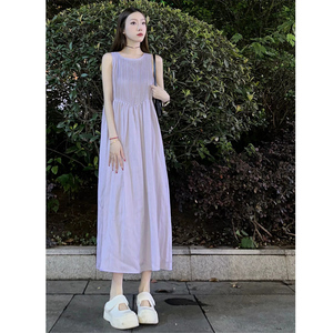 法式小香风紫色无袖连衣裙女2024夏季多巴胺穿搭小个子背心长裙子