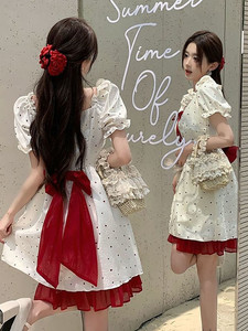 甜美减龄少女感爱蝴蝶结红白撞色连衣裙夏季大码在逃公主洛丽塔裙
