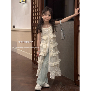 韩国夏装女童蕾丝度假风连衣裙儿童白色纯棉花边吊带背心长裙子