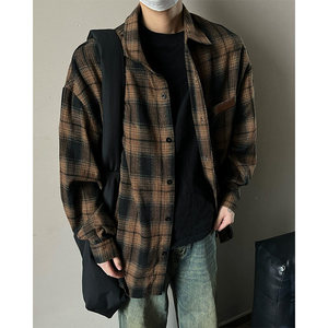 日系复古棕咖色格子衬衫男款春季高级感美式工装长袖衬衣情侣外套